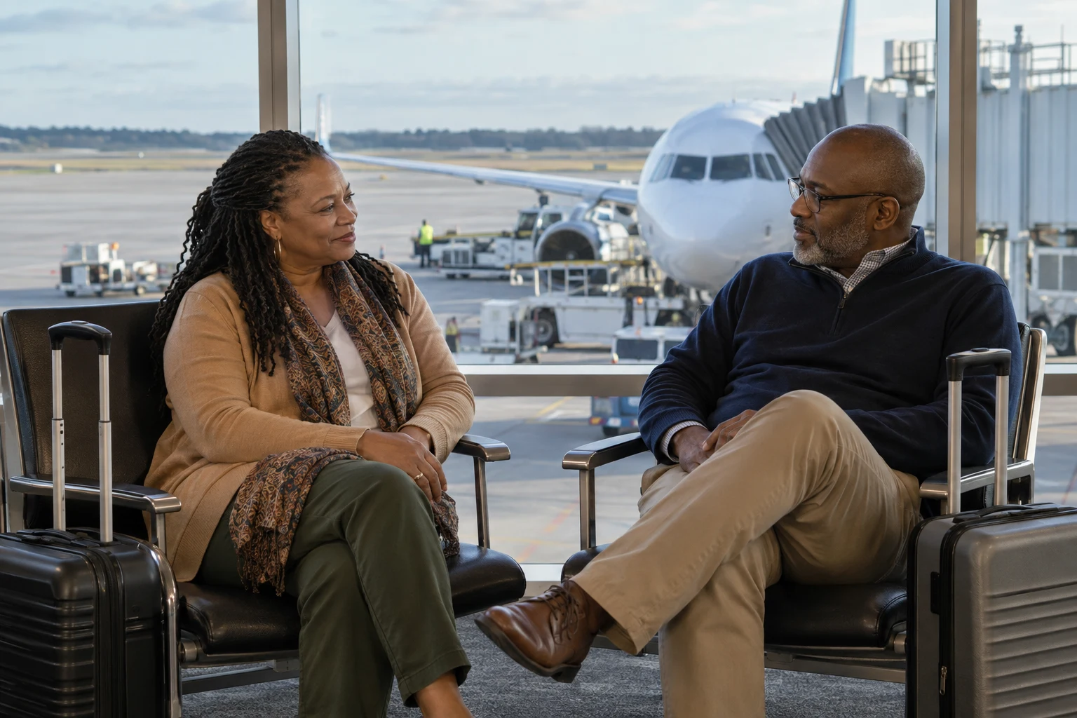 Two travelers talking together at an airport gate, with carry-on luggage and an airplane outside.