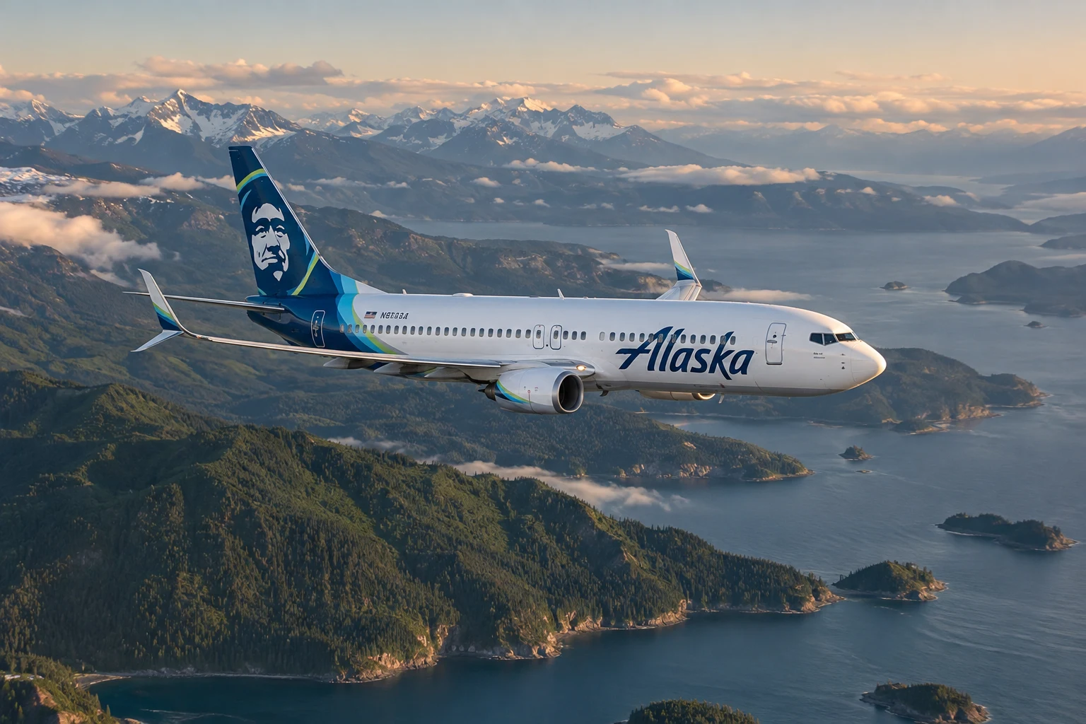 Custom illustration of an Alaska Airlines plane flying above Pacific Northwest coastal mountains.