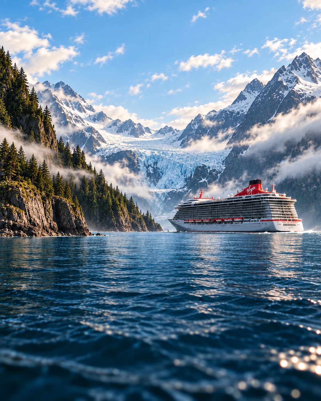 Brilliant Lady sailing through a glacier-lined Alaska fjord.