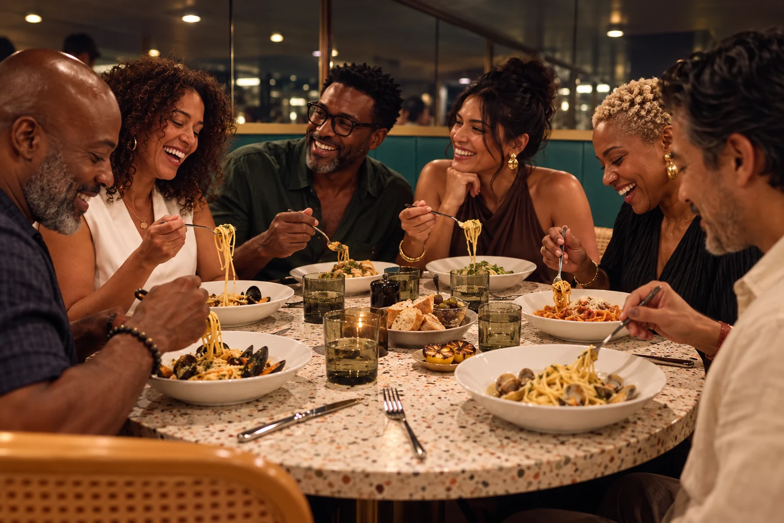 Illustrative scene of a small group of travelers sharing pasta and conversation in an Extra Virgin-inspired dining setting.