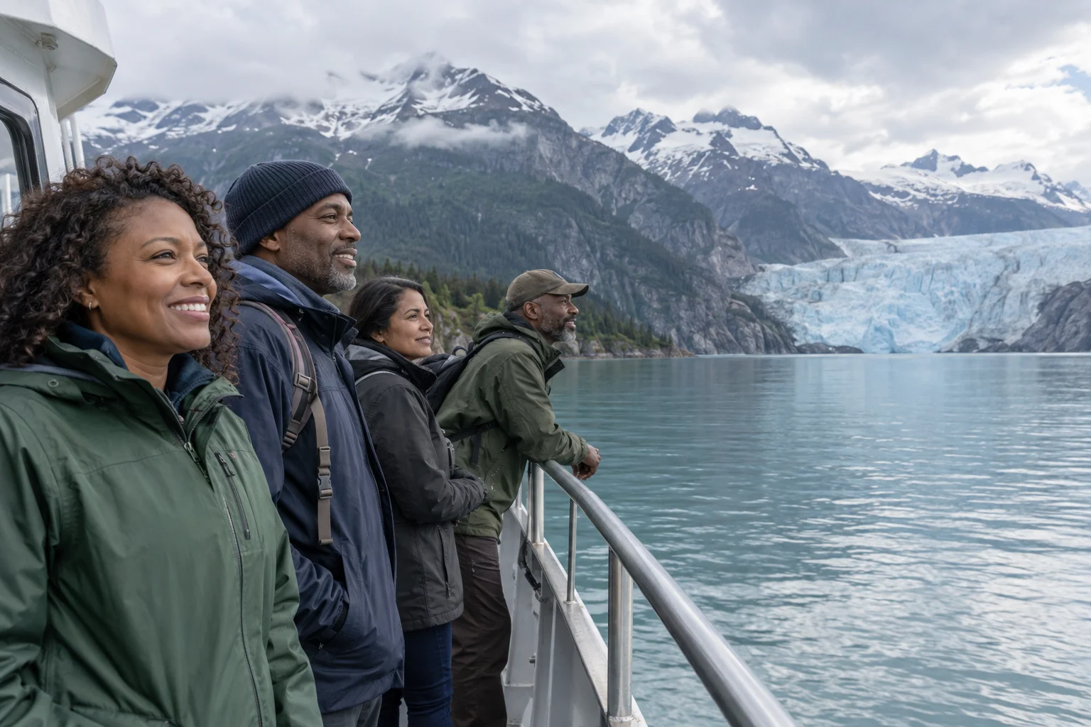 Campaign illustration of Black travelers and other travelers of color observing an Alaska glacier from a small sightseeing vessel.