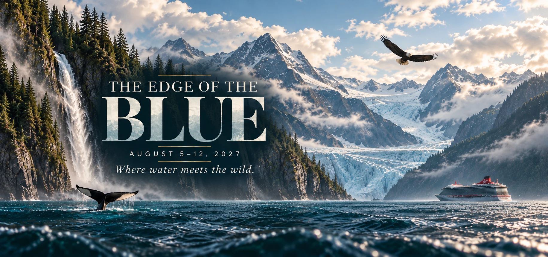 The Edge of the Blue. August 5–12, 2027. Where water meets the wild. Brilliant Lady in an illustrated Alaska landscape.