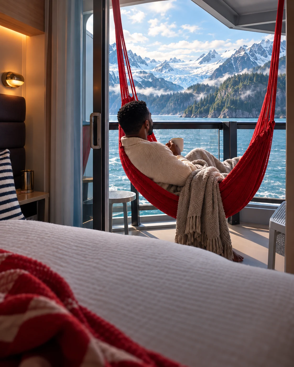 Approved Central Sea Terrace campaign illustration: a traveler wrapped in a blanket in a red hammock, overlooking Alaska.